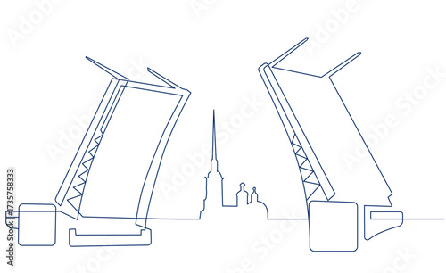 One line continuous illustration of St. Petersburg’s Peter and Paul Fortress and open bridge, for travel branding, postcards, posters, souvenirs, minimalist design.