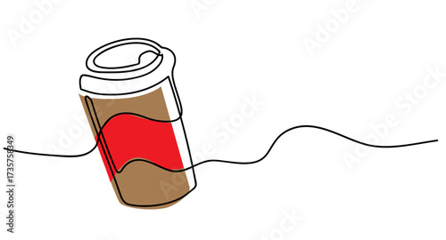One line continuous illustration of a takeout coffee cup, ideal for café branding, menus, packaging, posters, merchandise, minimalist decor applications.