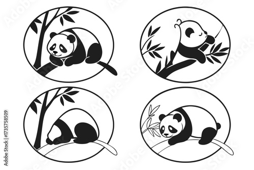 Cute baby panda sleeping minimalist icon set