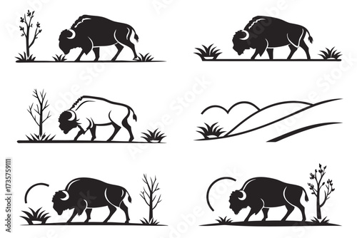 Minimalist bison grazing icon set