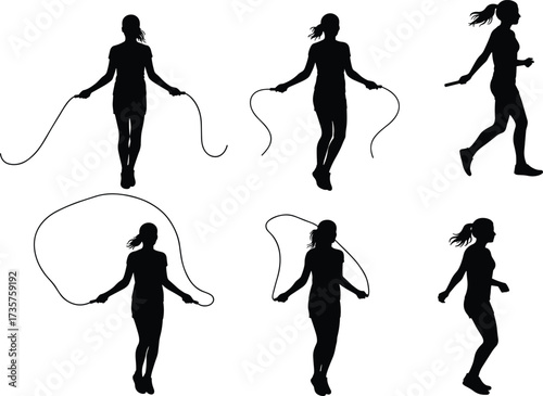 Silhouette of woman skipping rope, female jump rope exercise, fitness activity, sport training, healthy lifestyle, workout, cardio, outdoor activity