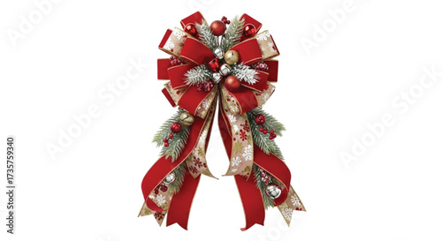 Festive red and gold bow adorned with pine needles and ornaments, perfect for holiday decorations
