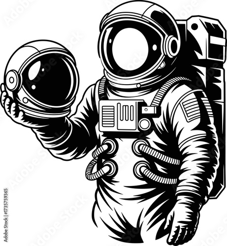 An astronaut in a detailed retro style suit holding a helmet in one hand with a complex backpack attached to the suit