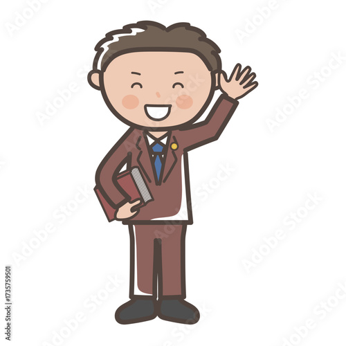 手を振って挨拶する男性弁護士の全身イラスト