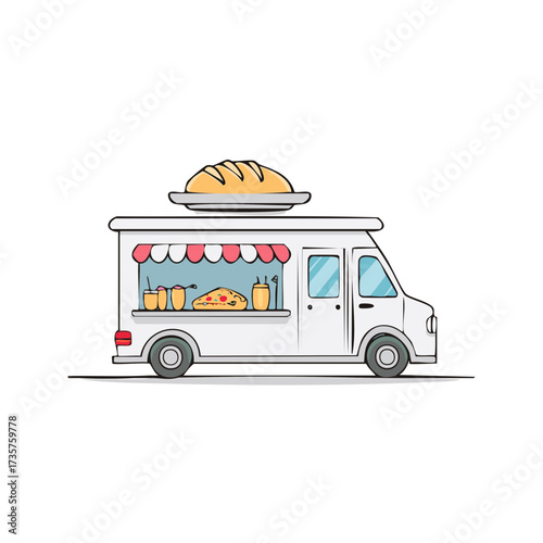 Cartoon Food Truck with Fresh Bread, Delicious Pizza, and Refreshing Drinks Illustration
