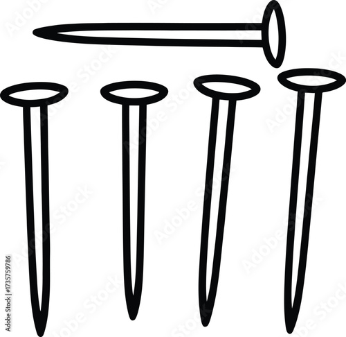 Vector Illustration of Five Construction Nails in Minimalist Black and White Style, Emphasizing Basic Industrial Tools in Vector Art.