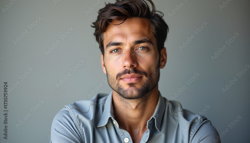 Obraz premium Confident young man in casual shirt, portrait on neutral background, with space for text 