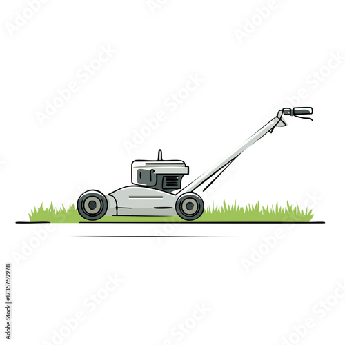 Lawn mower cutting green grass outdoor garden tool illustration