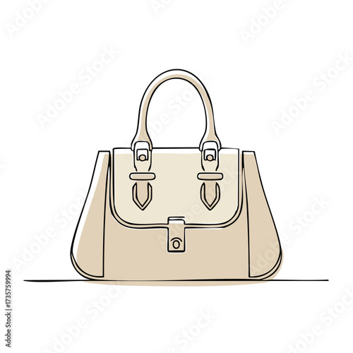 Elegant beige purse with a top handle drawn in a single continuous line. Modern minimalist fashion illustration.