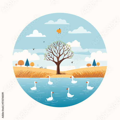 Floodplains in winter, solitary tree, early mist