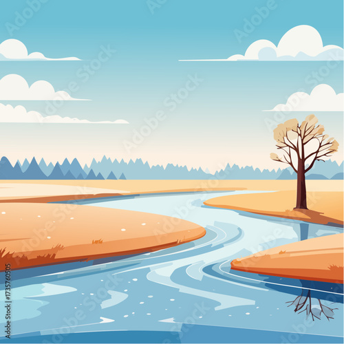Floodplains in winter, solitary tree, early mist