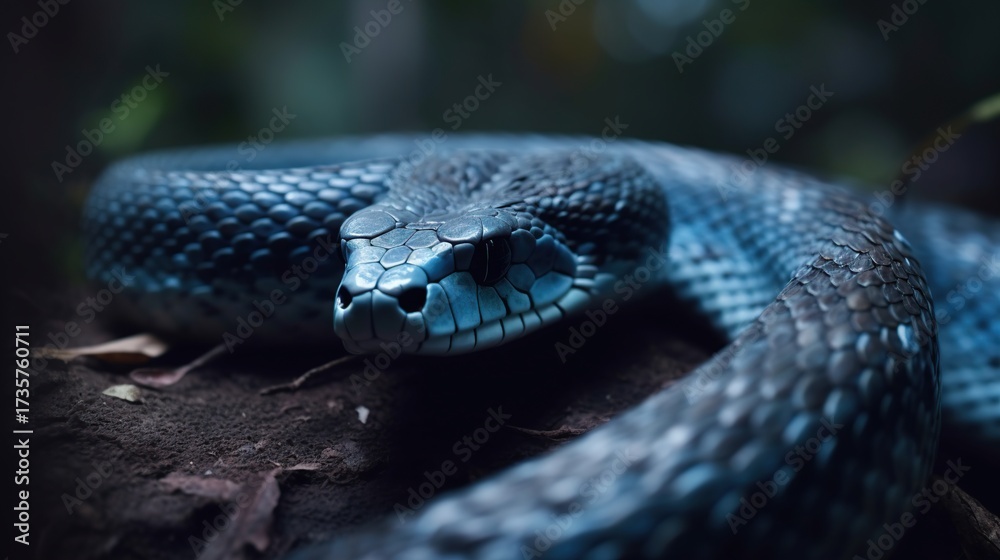 Fototapeta premium Close-up Dramatic Portrait of a Dark, Blue-Tinged Snake Coiled in Shadowy Undergrowth