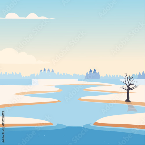 Floodplains in winter, solitary tree, early mist