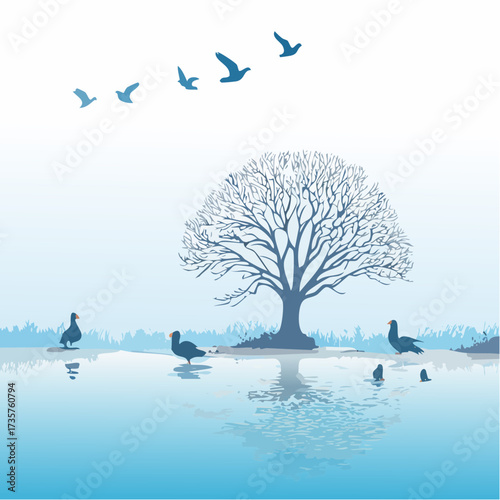 Floodplains in winter, solitary tree, early mist