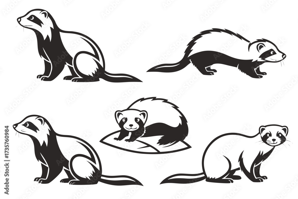 Fototapeta premium Minimalist cartoon ferret icon set with yellow accents