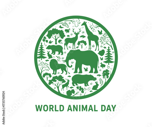 Outline of the Earth featuring plants and animals. Environmental icon graphic. Animal Day Poster, October 4. A significant day.