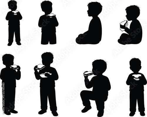 Child eating sandwich silhouette, kid holding food, snack time, lunch break, healthy meal, hungry boy, nutrition, childhood lifestyle, snack