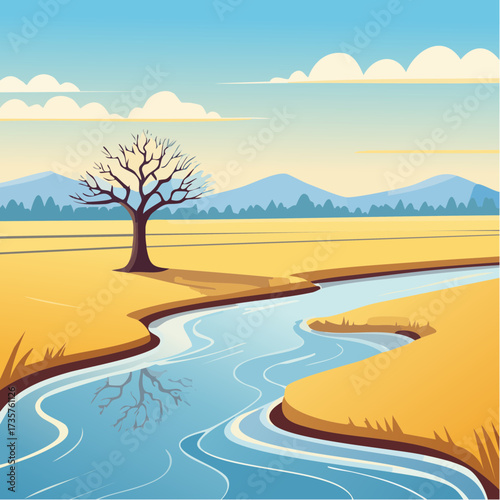 Floodplains in winter, solitary tree, early mist