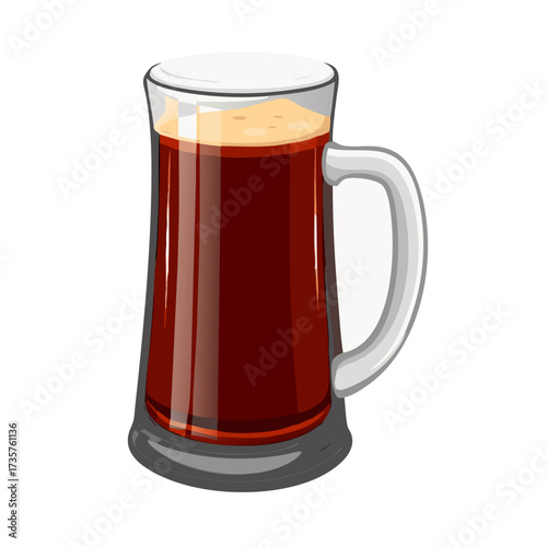 Glass Mug of Dark Beer. Pint of Stout, Porter, or Ale with Foam Vector Illustration.