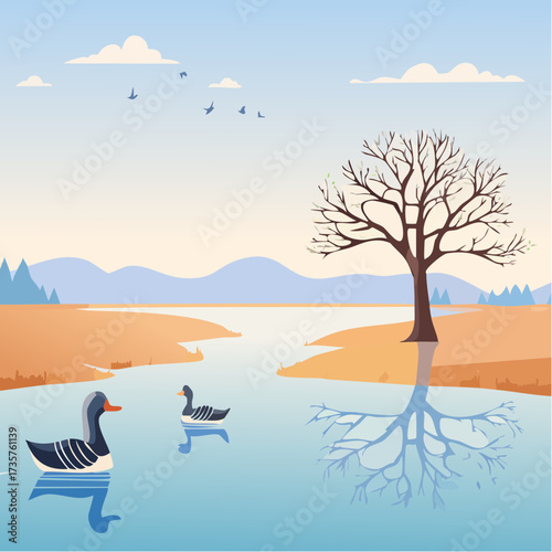 Floodplains in winter, solitary tree, early mist