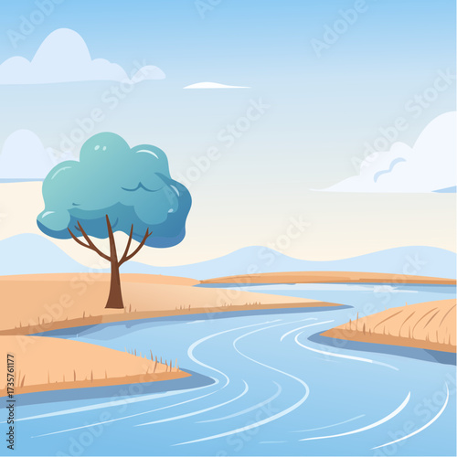 Floodplains in winter, solitary tree, early mist