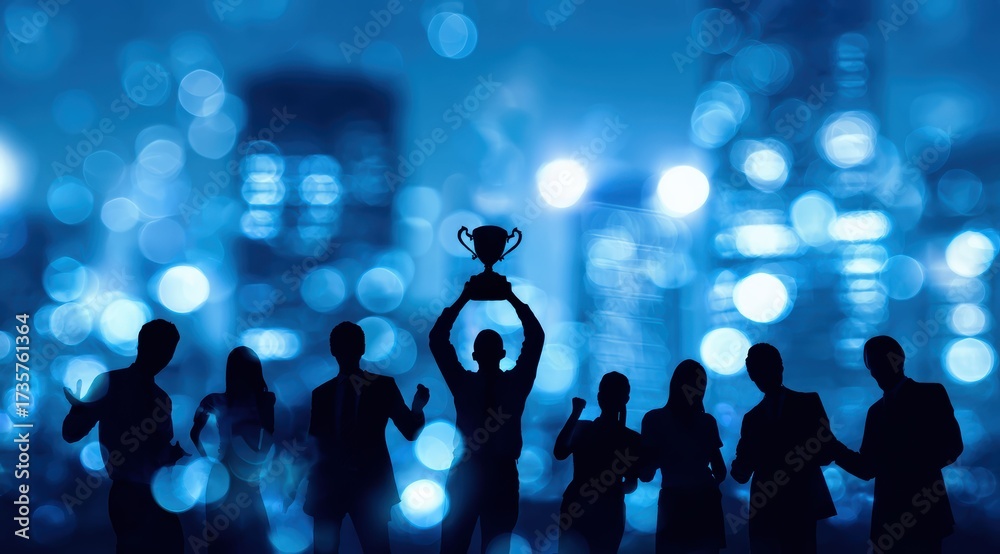 Fototapeta premium Silhouettes of a business team raising a trophy against glowing city lights, symbolizing success, victory, and achievement.