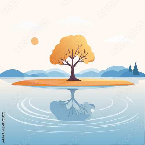 Floodplains in winter, solitary tree, early mist