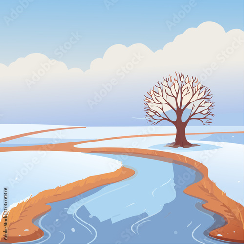 Floodplains in winter, solitary tree, early mist