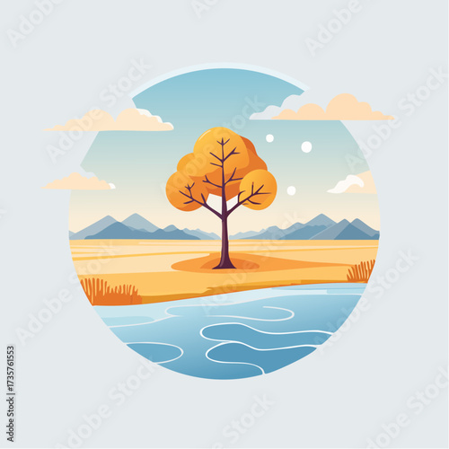 Floodplains in winter, solitary tree, early mist