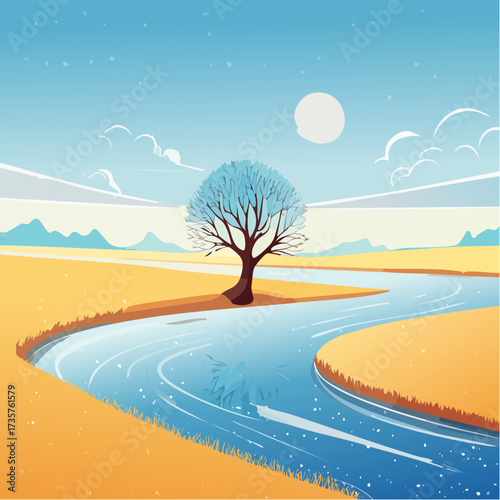 Floodplains in winter, solitary tree, early mist