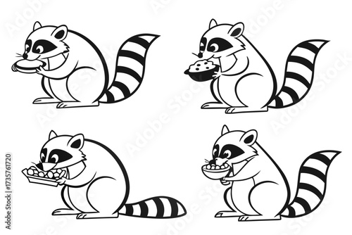Minimalist cartoon raccoon eating icon set