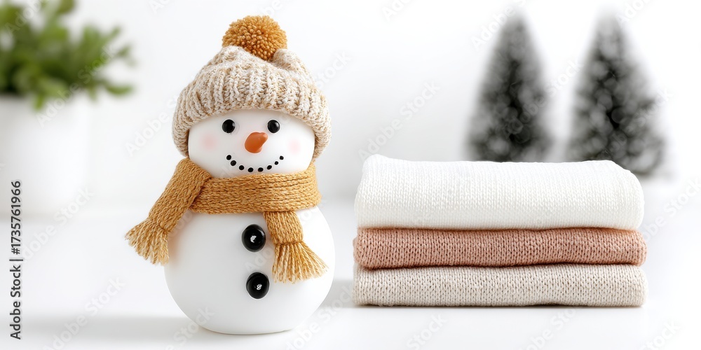 Obraz premium Festive Tabletop Display with Snowman and Stacked Textured Towels