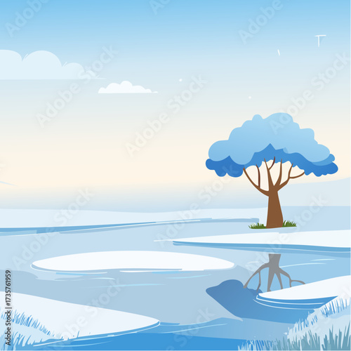 Floodplains in winter, solitary tree, early mist