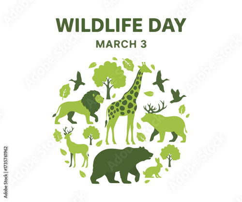 Wildlife day vector poster featuring green silhouettes of wild animals against a white background.