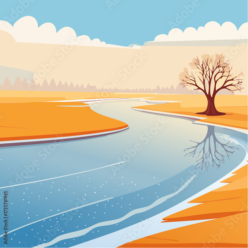 Floodplains in winter, solitary tree, early mist