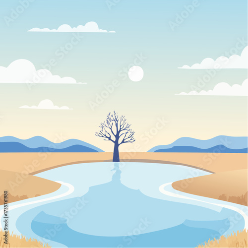 Floodplains in winter, solitary tree, early mist
