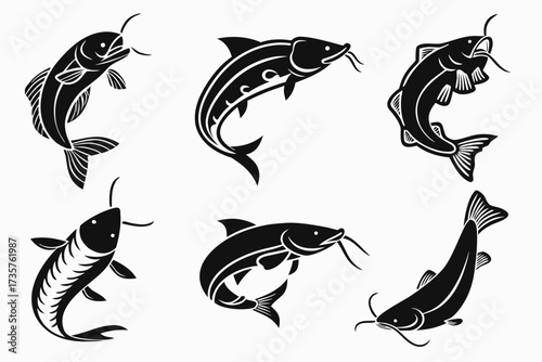 Minimalist catfish icon set in black and vibrant colors