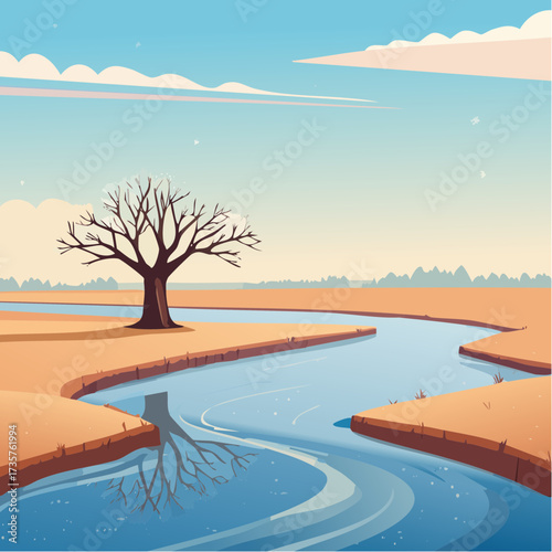 Floodplains in winter, solitary tree, early mist