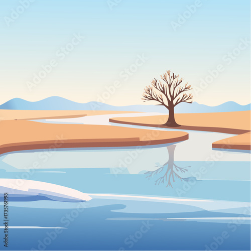 Floodplains in winter, solitary tree, early mist