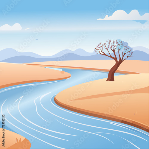Floodplains in winter, solitary tree, early mist
