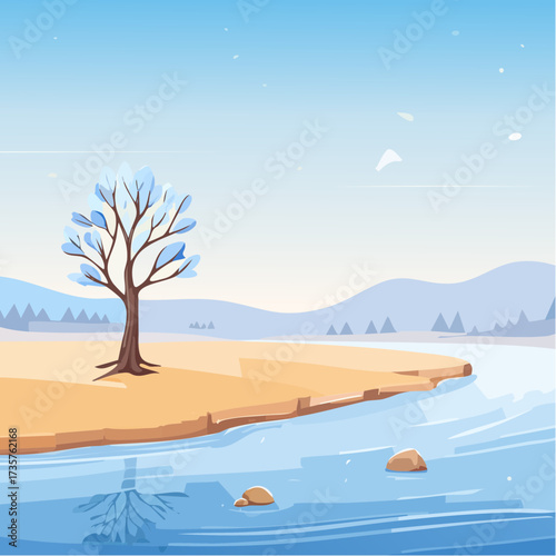 Floodplains in winter, solitary tree, early mist