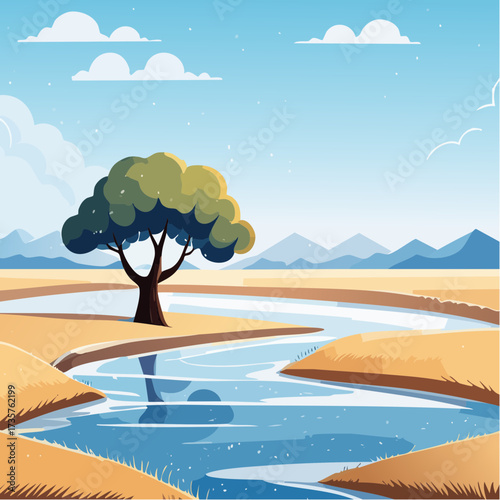 Floodplains in winter, solitary tree, early mist