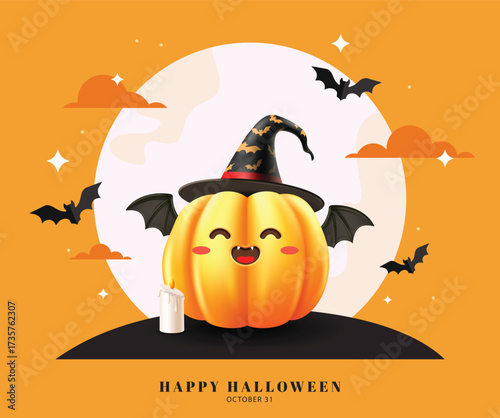 Cute pumpkin with witch hat, bat wings, candle, and bats for Halloween design.