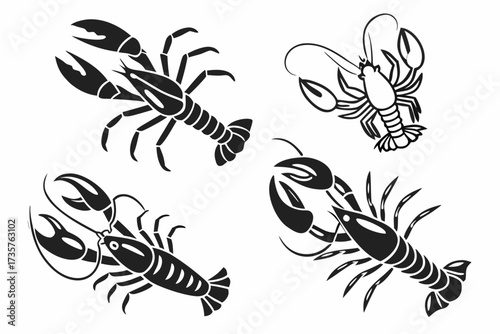 Minimalist crayfish icon set in black and color