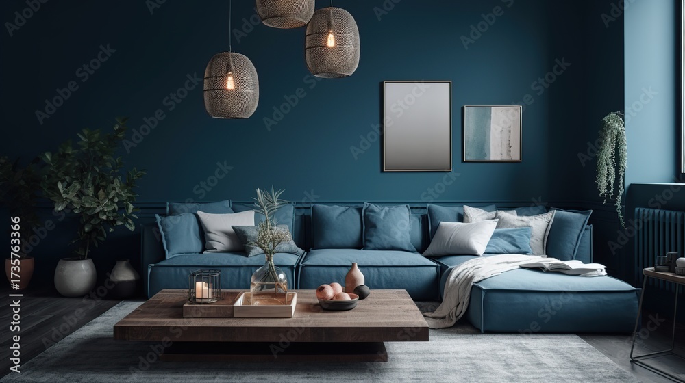 Fototapeta premium Cozy and Modern Living Room Interior with Deep Blue Walls and Comfortable Sectional Sofa