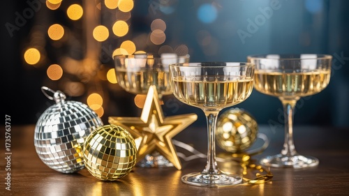 Golden champagne glow with crystal coupes and disco balls on luxe New Year’s Eve table