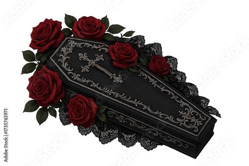 Fototapeta Naklejka Na Ścianę i Meble -  Coffin adorned with red roses and ornate gothic patterns, Halloween theme. Isolated on transparent background