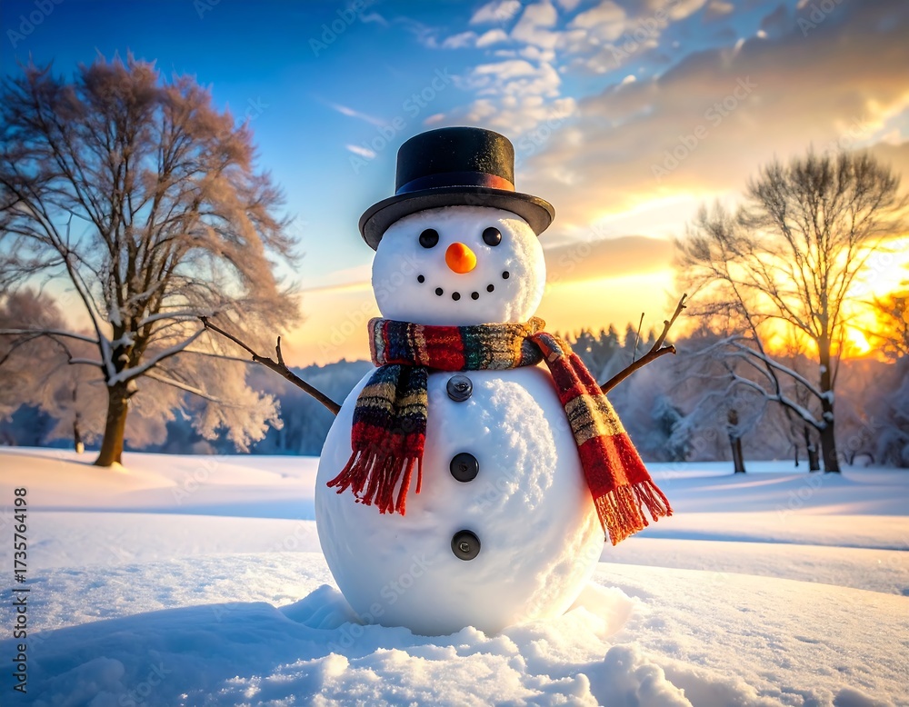 Obraz premium Snowman in snowy landscape at sunrise