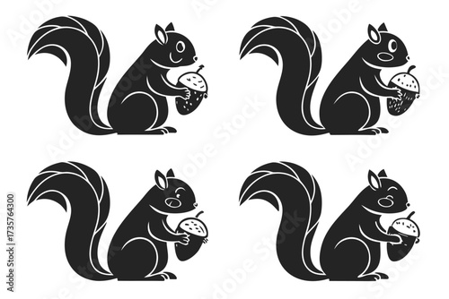 Cute squirrel holding acorn icon set