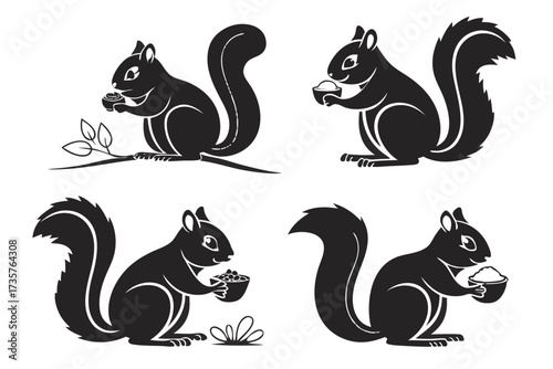 Cute squirrel eating minimalist icon set
